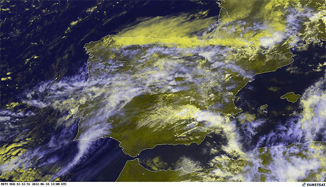Imagen del canal visible y falso color, 18.06.12, 13 UTC. Crédito: EUMETSAT.