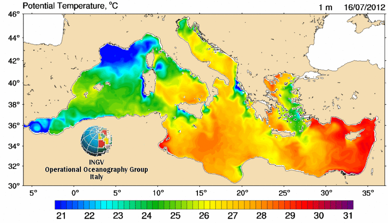 Temperatura de las aguas superficiales del Mar Mediterráneo (1 m.) a 16.07.12.