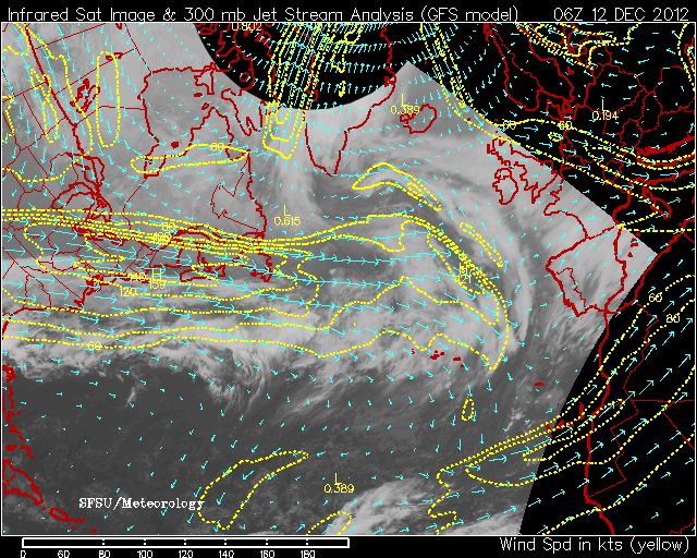 Análisis de las corrientes en chorro a 300 hPa (GFS) sobre la imagen infrarroja del Atlántico Norte, 12.12.12, 06 UTC.