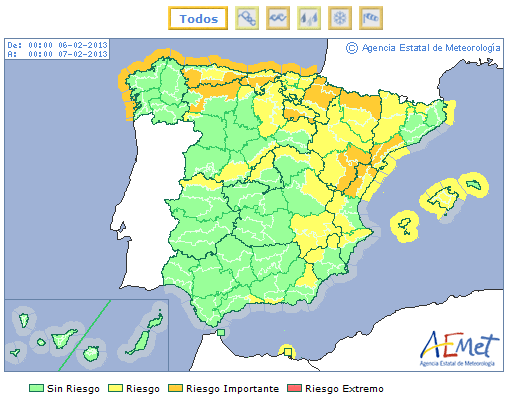 Mapa de avisos por fenómenos meteorológicos adversos previsto para mañana.