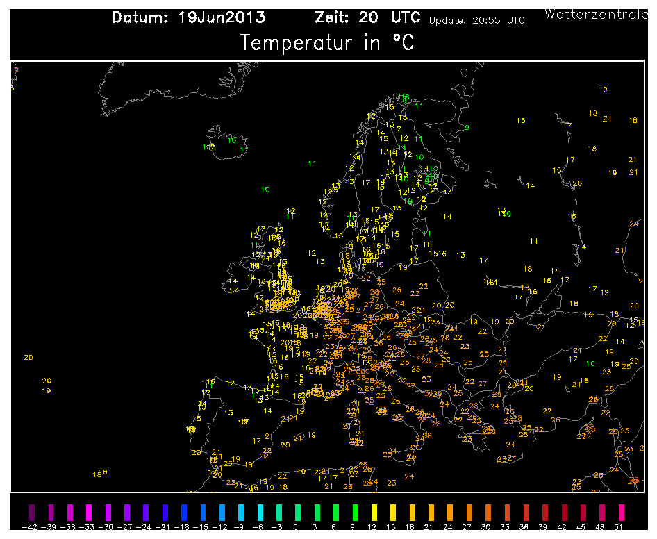 Temperaturas en Europa a las 20 UTC del 19.06.13. Crédito: wetterzentrale.