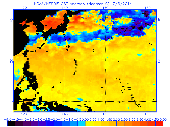 Anomalía de SST en el Pacífico Noroeste, 3 julio 2014.