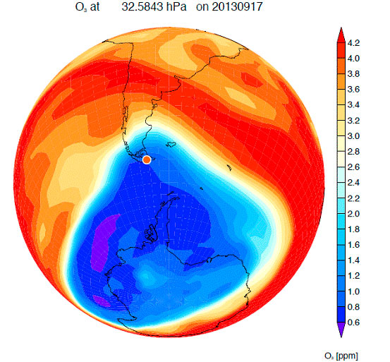El agujero de ozono antártico alcanzó su máximo anual el 16-09-2013, mostrando una estabilización