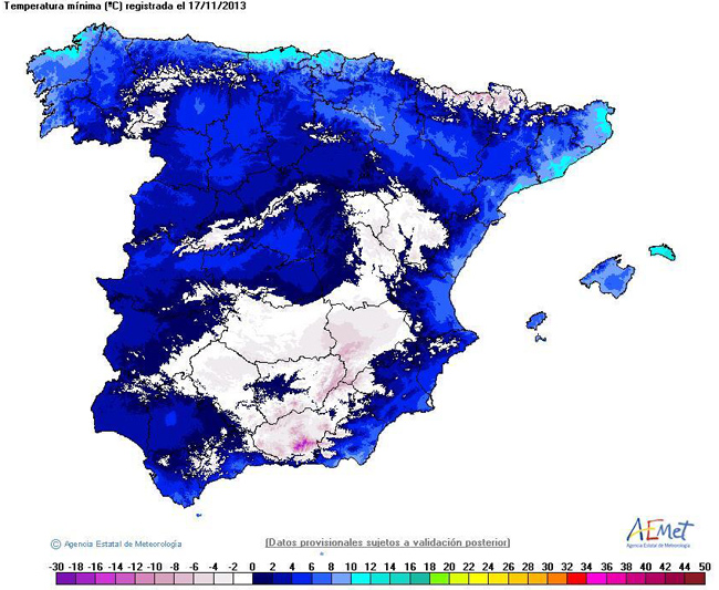 Un mapa de temperaturas mínimas de la Península Ibérica al revés