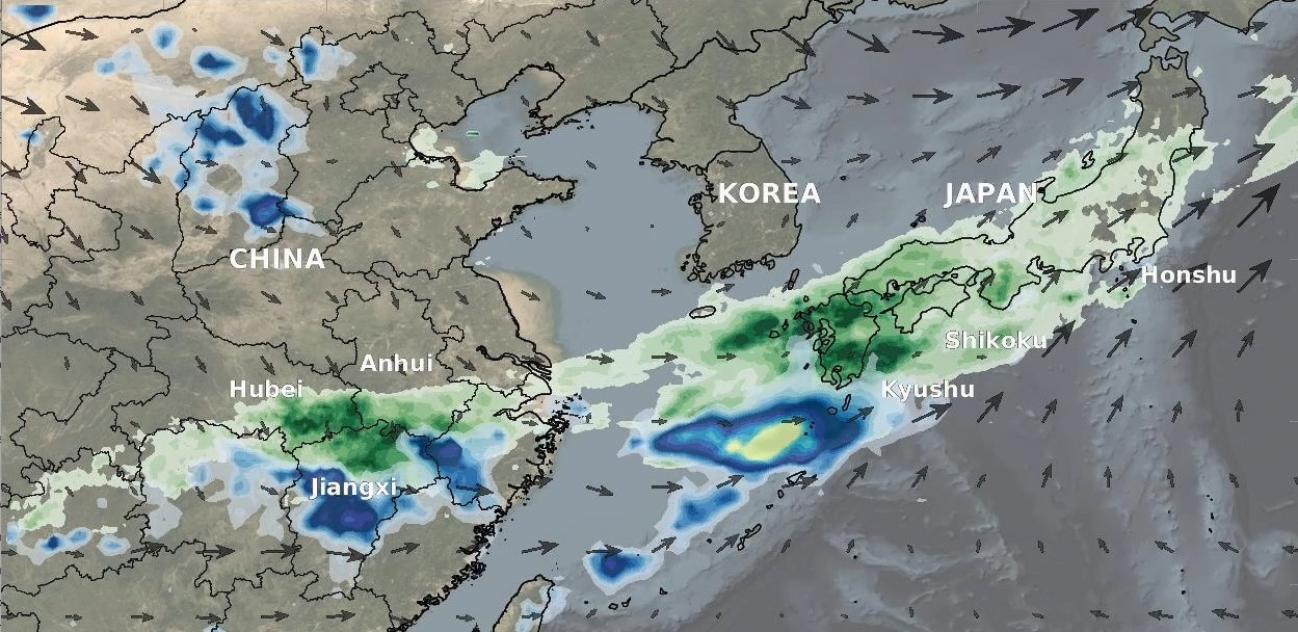 Las lluvias estacionales Meiyu-Baiu del este de China y Japón.