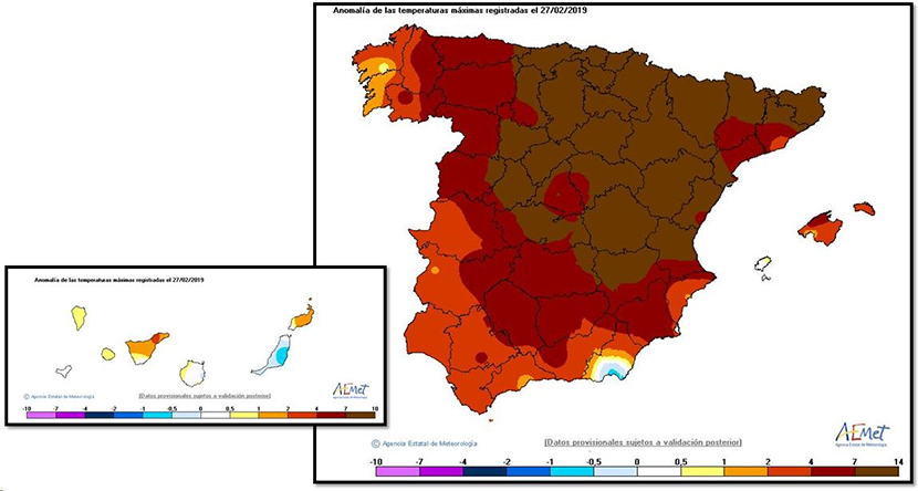 Temperaturas máximas excepcionalmente altas para un mes de febrero